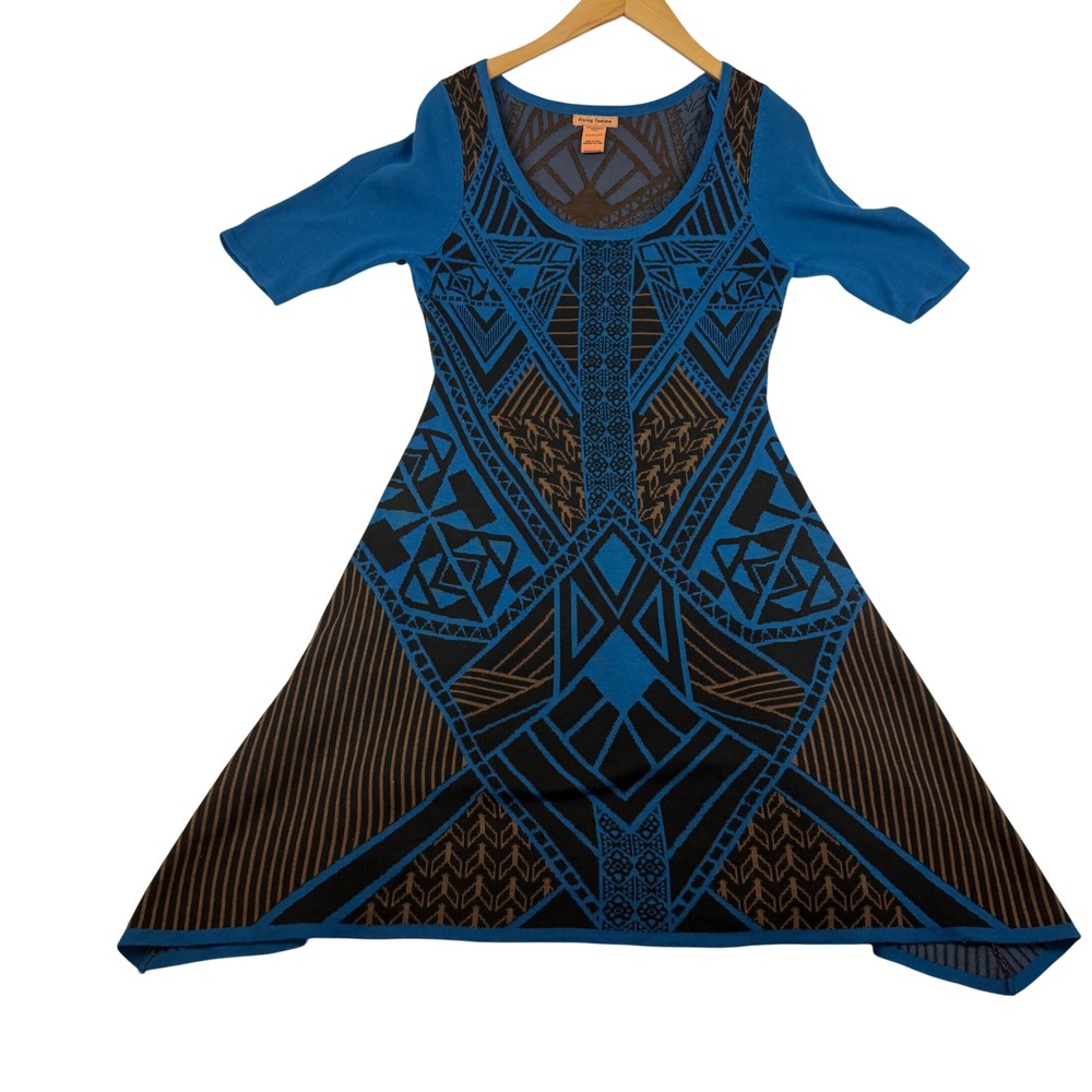 Flying Tomato Blue Geometric Tribal Knit Handkerchief Hem Dress Large SW3064-1